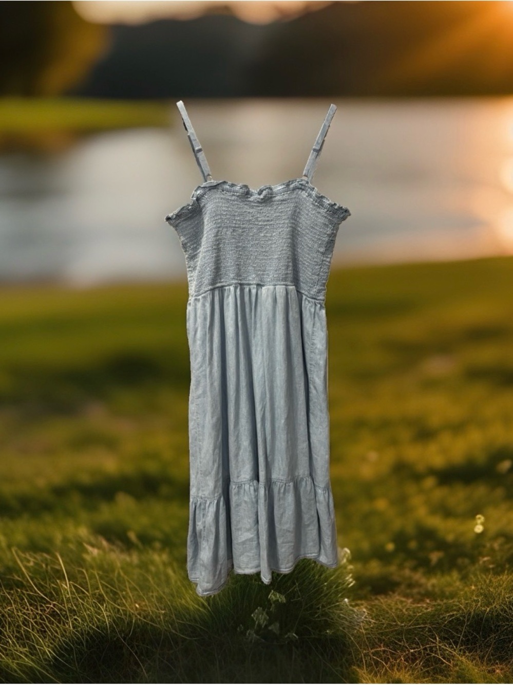 GAP Blue Chambray Smocked Square Neck Strappy Midi Sundress Women XL Denhim
